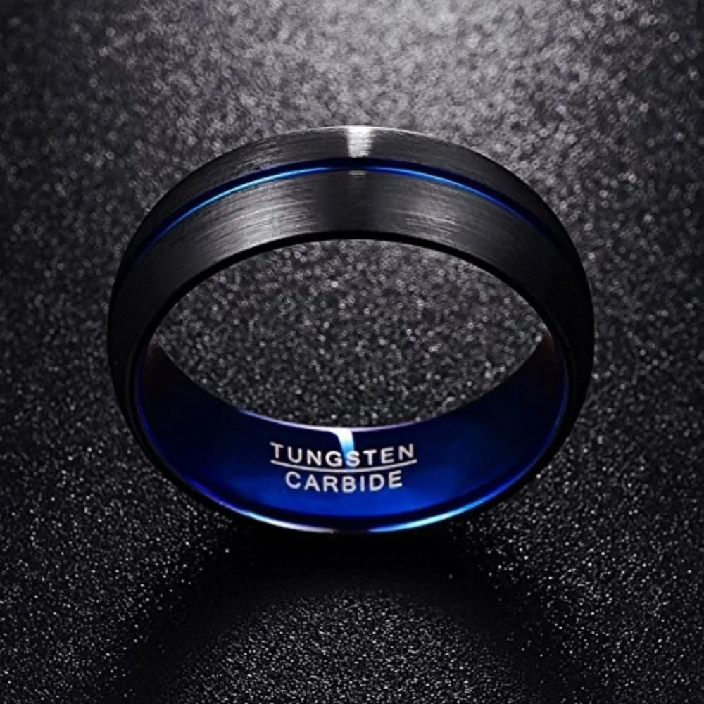Black Tungsten Thin Blue Line Police Ring Band - Picture 5 of 8